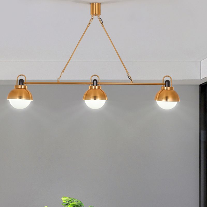 Brass Linear Chandelier Pendant Light Modernist 3 Bulbs Metallic Hanging Lamp Kit with Orb Opal Glass Shade