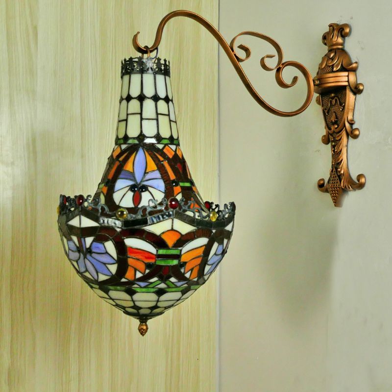3 Lights Wall Light Fixture Mediterranean Flower Stained Glass Sconce in Beige/Yellow/Orange for Living Room