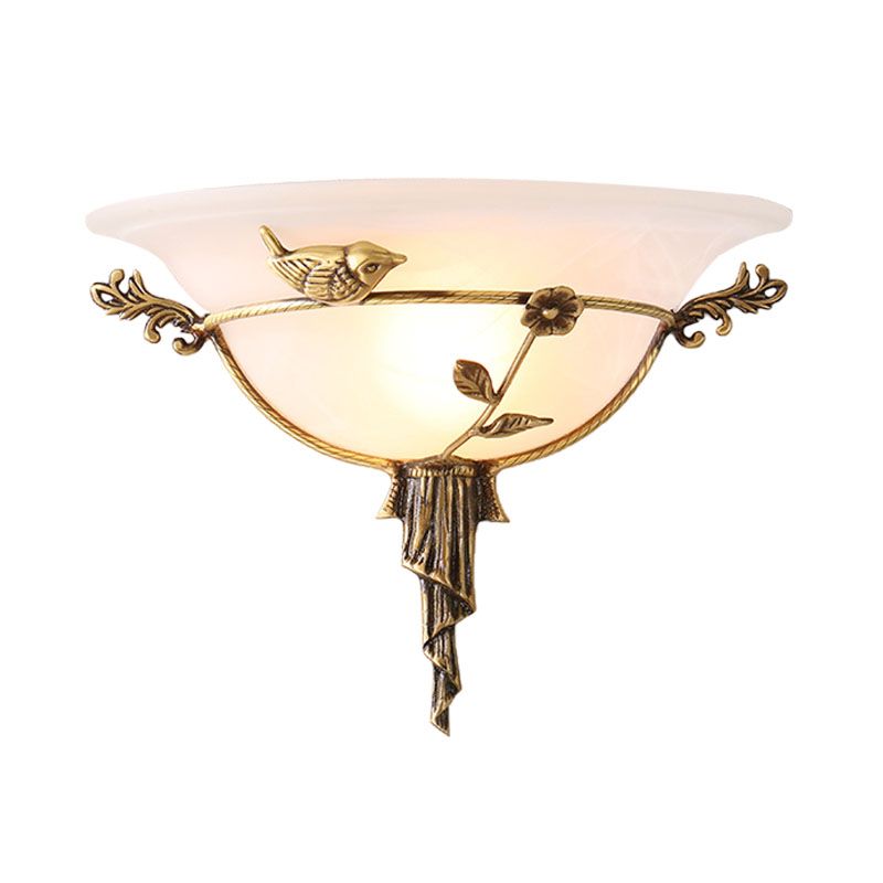 1 Bulb Wide Flare Wall Lamp Tradition White/Yellow Glass Sconce Light Fixture with Flower Deco toward Left/Right