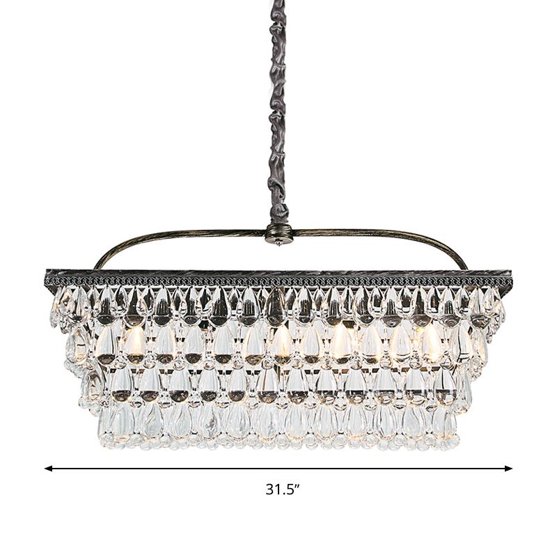 Silver Rectangle Hanging Ceiling Light Modernism Teardrop Crystal 4/6 Heads Living Room Island Light