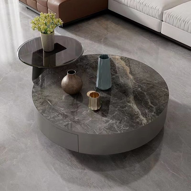Modern Gray Cocktail Table Round Glass / Slate Coffee Table
