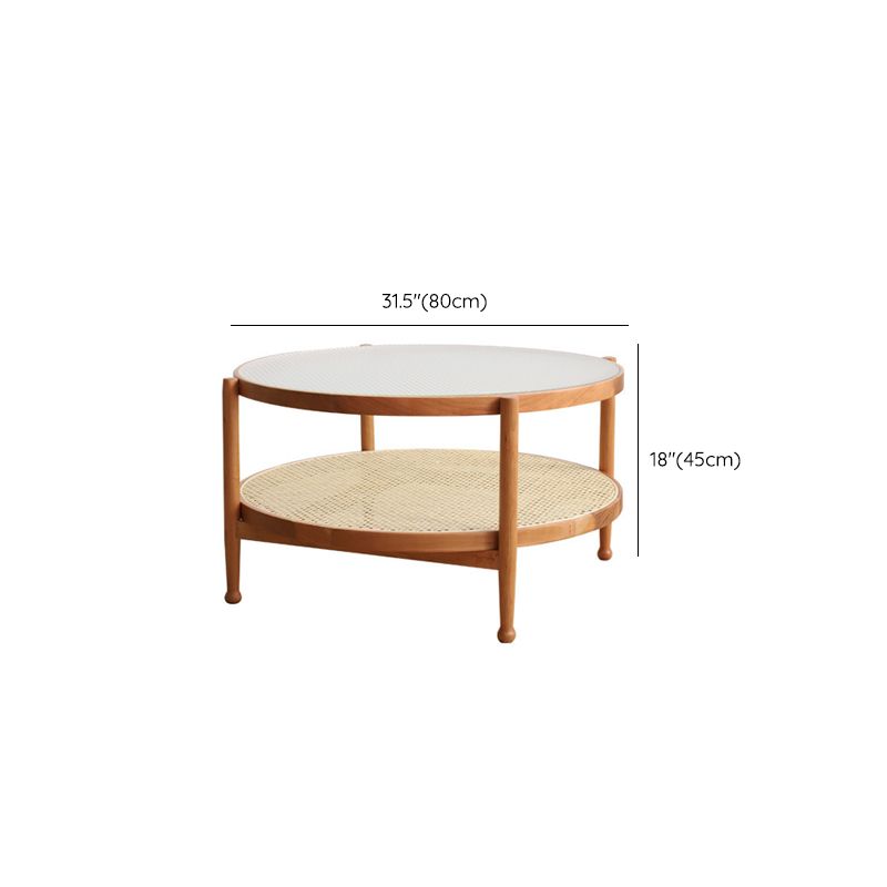 Modern Glass Top Solid Wood 4 Legs Round Double Tier Living Room Side Table