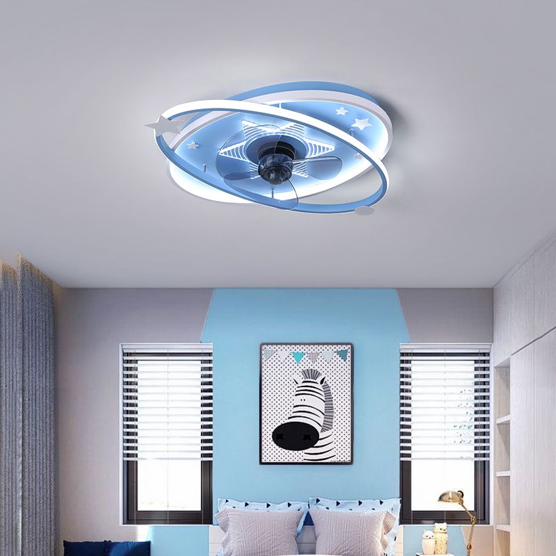 Oval Semi Flush Ceiling Light Kids Metal Bedroom LED Ceiling Fan Lamp Fixture