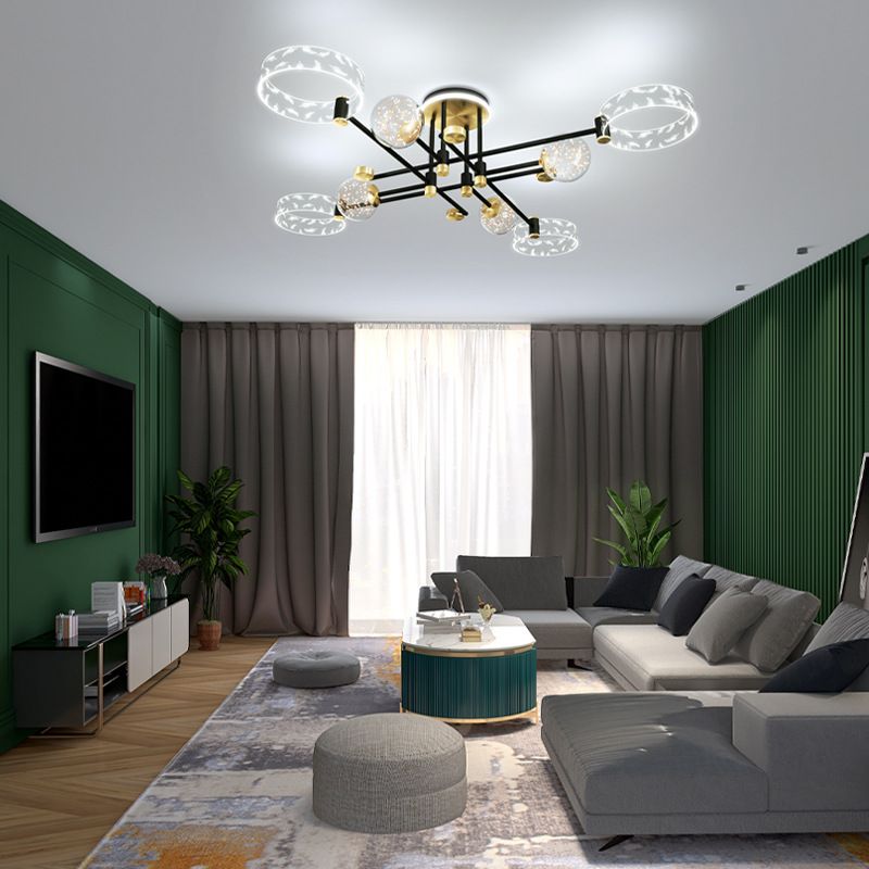 Ring and Ball Acrylic Ceiling Fixture Minimalist Black-Gold LED Semi Flush Mount Light for Living Room