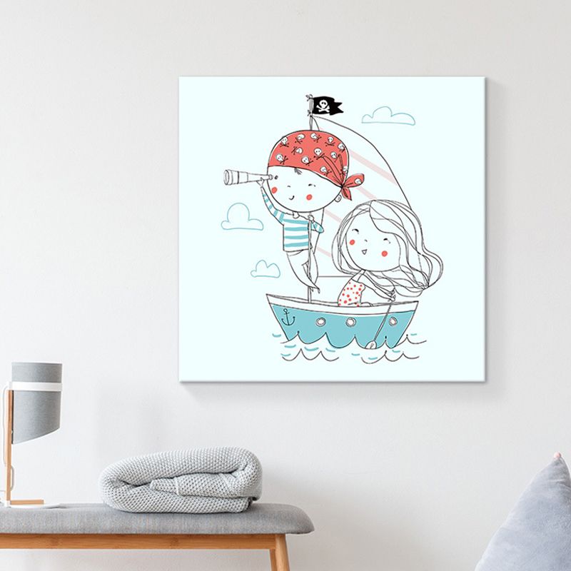 Kids Rowing Drawing Canvas Print Cartoon Lovely Figure Wall Art in Blue on White