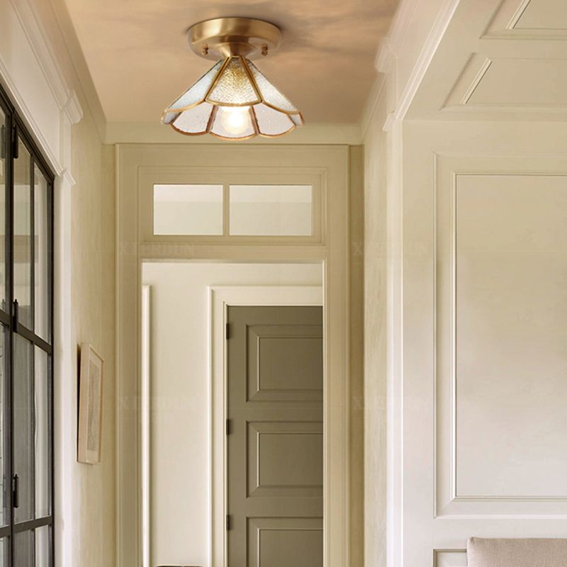 Brass Ceiling Light Fixture Vintage Glass Scalloped Semi Flush Mount Light