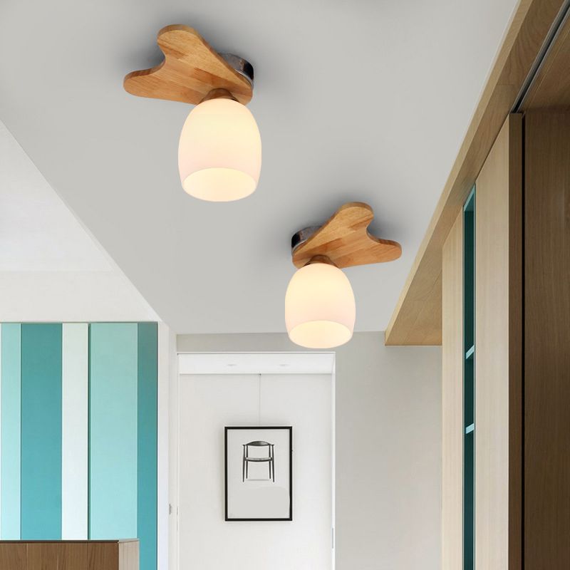 Cream Glass Bell Flush Ceiling Light Nordic 1/5/7-Head Semi Mount Lighting with Antler Top in Wood