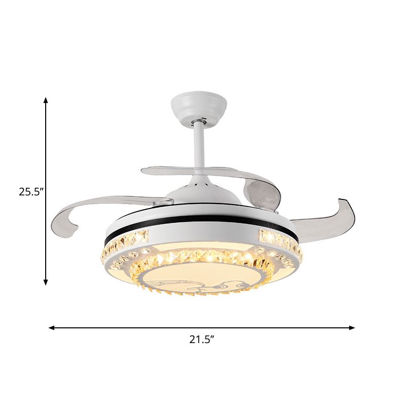 LED Round Pendant Fan Lamp Modern White Clear Crystal Blocks Semi Flush with 4 Blades, 21.5" Wide