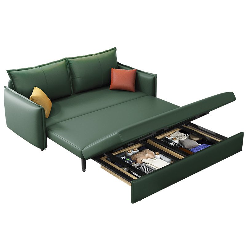 Scandinavian Faux Leather Sleeper Sofa Green Square Arm Sofa Bed