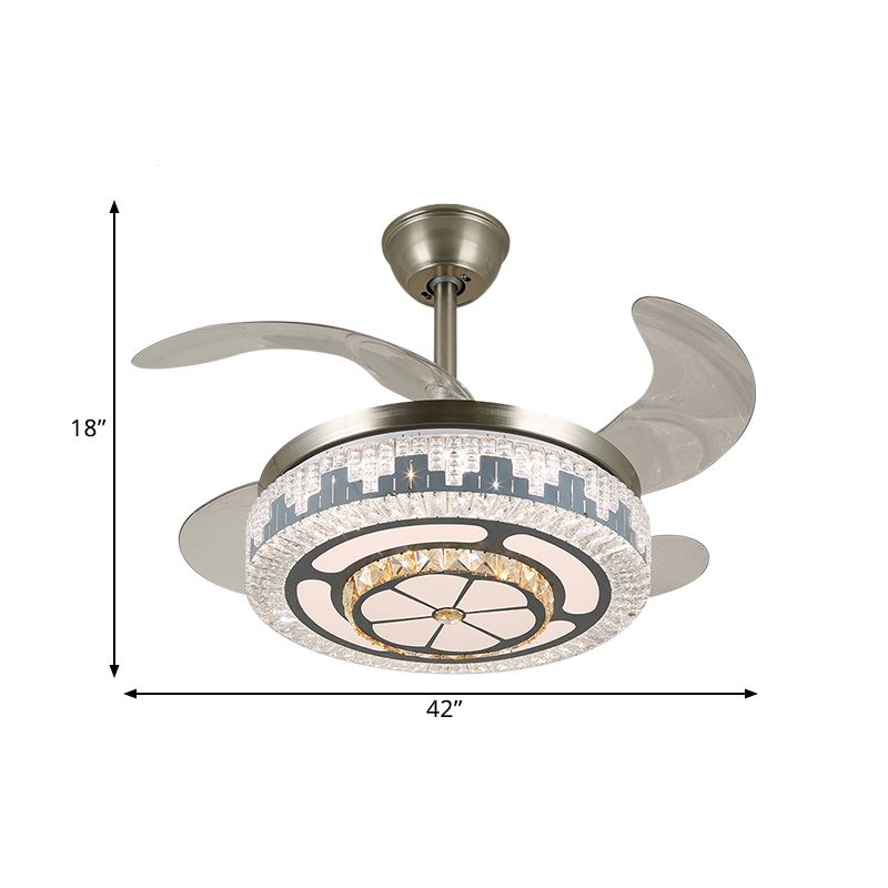 LED Circulaire semi-vlakke moderne roestvrijstalen heldere kristalblokken 4 messen hanger ventilator licht, 19 "breed