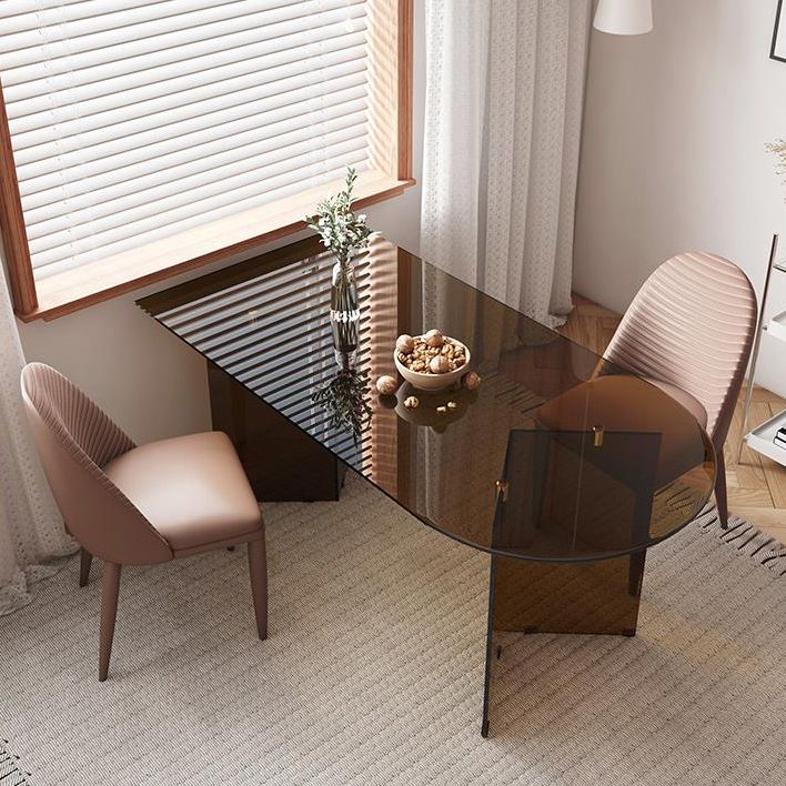 Contemporary Dining Table Tempered Glass Dining Table with Double Pedestal for Dining
