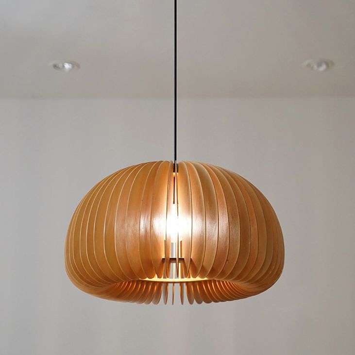 Beige Wood Slatted Hanging Light Chinese Style 1 Light  Restaurant Ceiling Pendant Lamp
