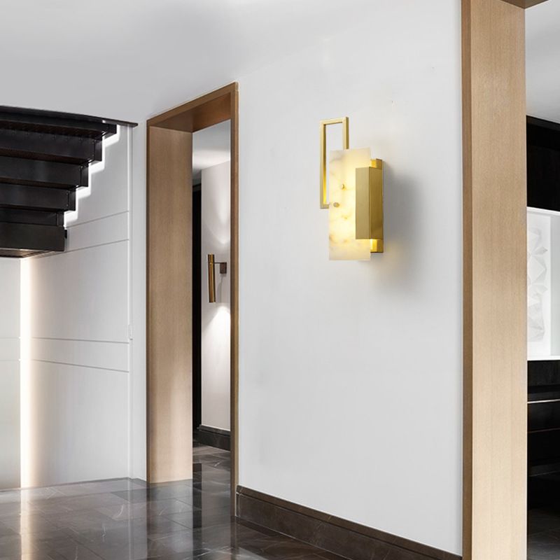 Modern Brass Wall Light Gold Geometric Wall Sconce with Mica for Bedroom