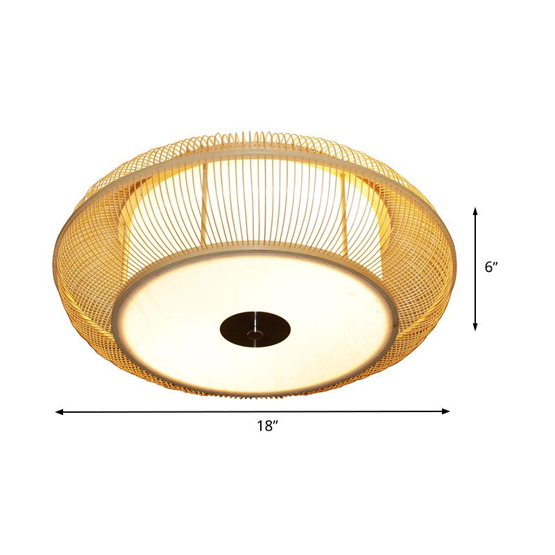 Chinese LED Flushmount Beige Rounded Drum Close to Ceiling Lighting with Bamboo Shade
