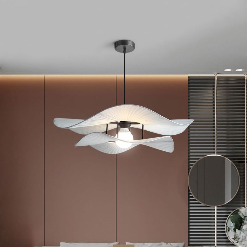 White Ruffled Suspension Lamp Minimalism 1 Bulb Fabric Pendant Light Fixture for Bedroom