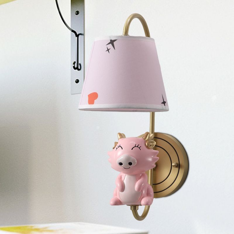 Barrel Applexion luminaire Kids Tissu Fabric Single Head Gold Wall Éclairage avec dessin animé cochon / souris / Dragon Decoration