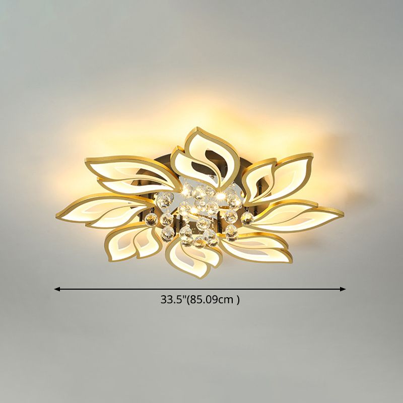 Gold Finish Flower Ceiling Lighting Contemporary LED Metal Semi Flush Mount with Crystal Ball