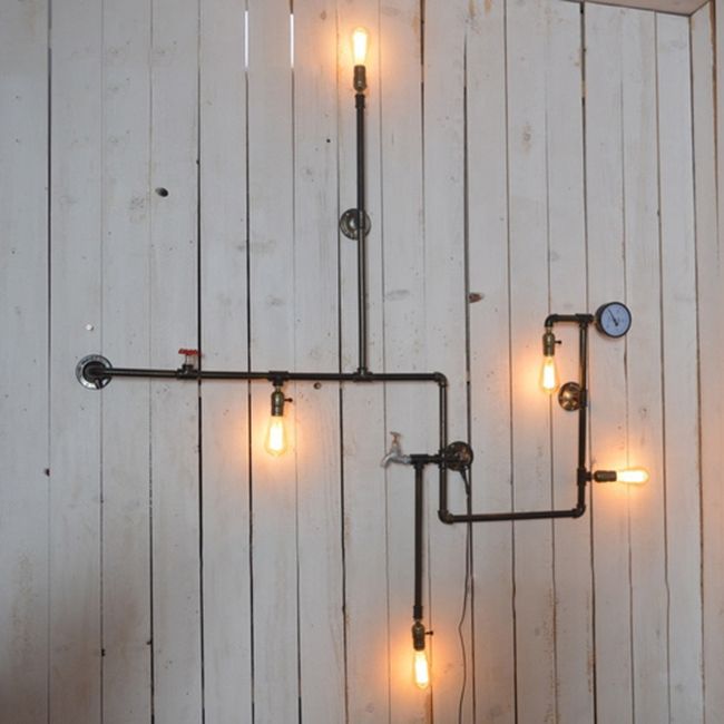 Plumbing Pipe Restaurant Sconce Lighting with Bare Bulb Vintage Style Iron 5 Lights Black Wall Mount Light
