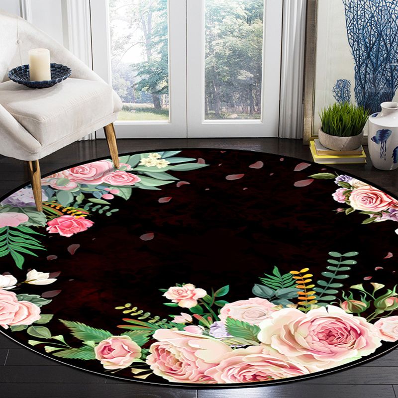 Multicolored Flower Pattern Indoor Rug Modern Aesthetic Polyester Rug Round Stain Resistant Carpet for Living Room