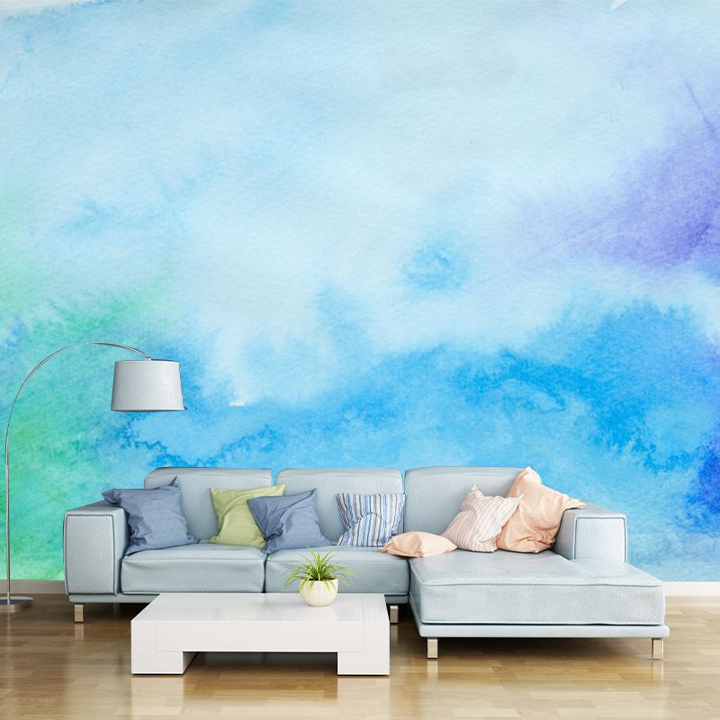 Blue Watercolor Mural Wallpaper Moisture Resistant Modern Bedroom Wall Art, Custom Size