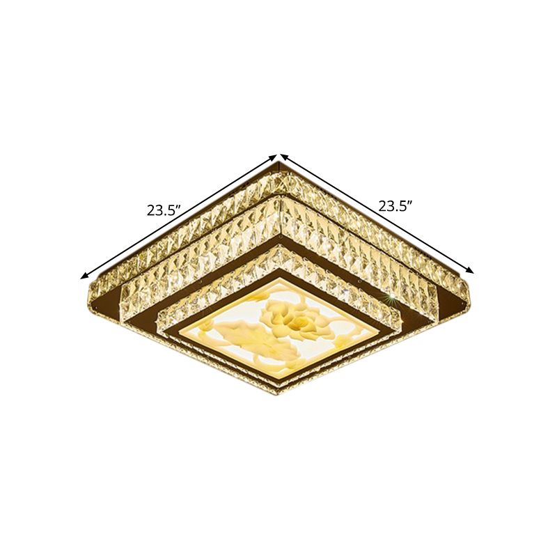 Stainless-Steel Square Flush Mount Fixture Modern Clear Rectangular-Cut Crystals Bedroom LED Ceiling Light