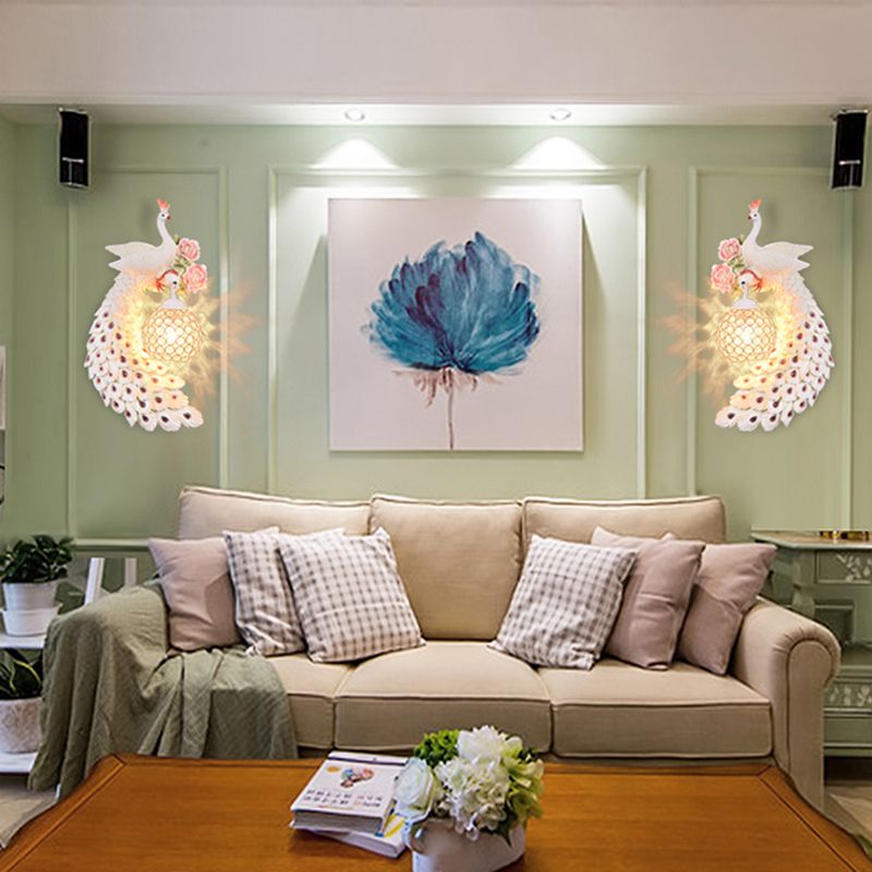 Doble/derecho/izquierdo Peacock pared Squads Stiloft Metal 8 "/10" W 1 Iluminación de pared de bulbo con sombra de cristal de domo en blanco/oro