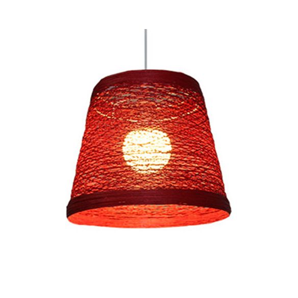 Rattan Trapezoid Hanging Pendant Lamp Rustic One Head Suspension Lighting in Red/Orange/White/Brown/Begie