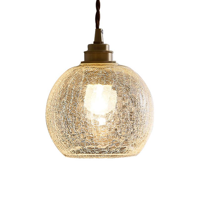 Minimalist Spherical Hanging Light Kit Translucent Crackle Glass 1-Light Dining Room Pendant Lighting Fixture
