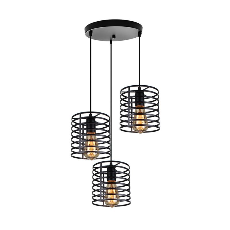 Luz colgante metálica cilíndrica con sombra jaula industrial 3 bombillas Lámpara de comedor en negro