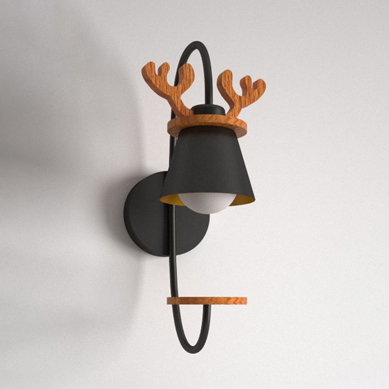 Cone Iron Wall Light Fixture Nordic 1-Bulb Black Wall Mounted Lamp with Wood Antler Design