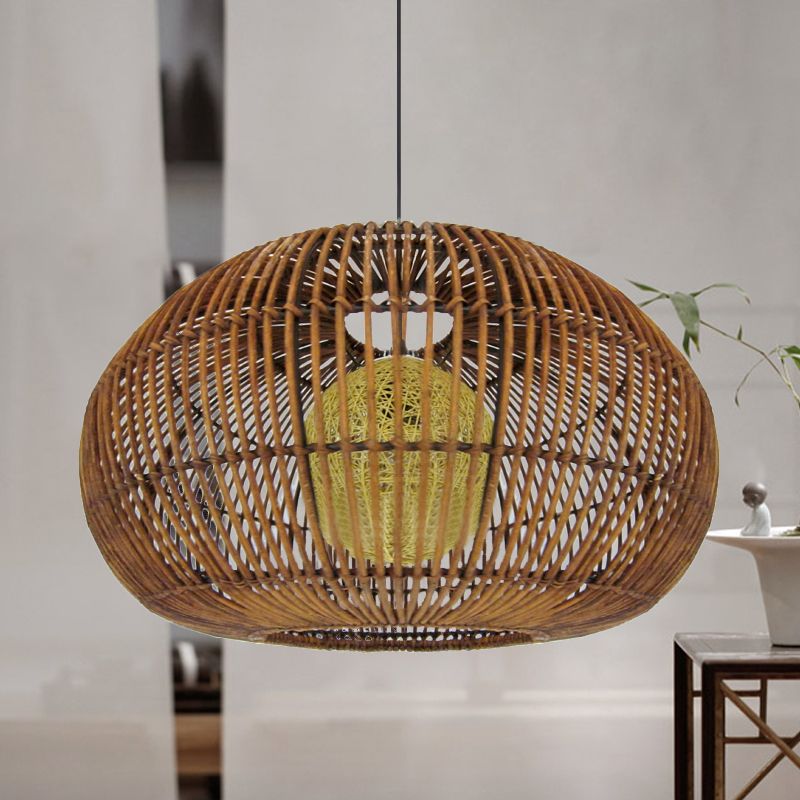 1 Head Restaurant Pendant Lamp Asia Coffee Hanging Light Fixture with Lantern Rattan Shade