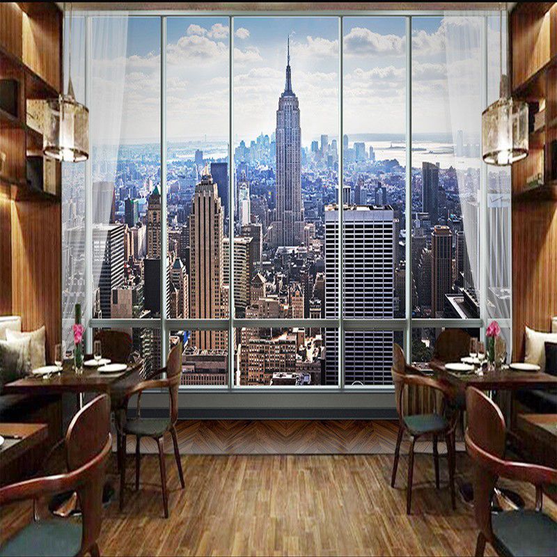 Waterproofing 3D City Wall Art Contemporary Mural Wallpaper for Meeting Room in Blue and Brown