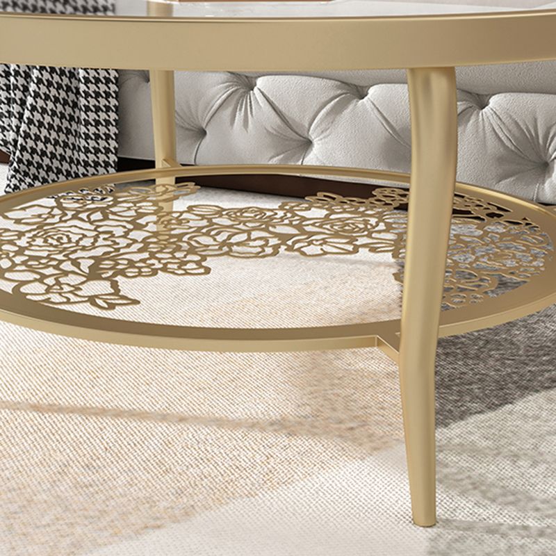 23.6"/17.7"H Modern 4 Legs Steel Base Glass Round Coffee Table with Shelf