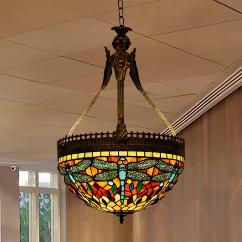 3 lichten Dragonfly kroonluchter verlichtingsarmatuur Tiffany -stijl Geel/oranje/roze en wit gebrandschilderd glas hangende lamp