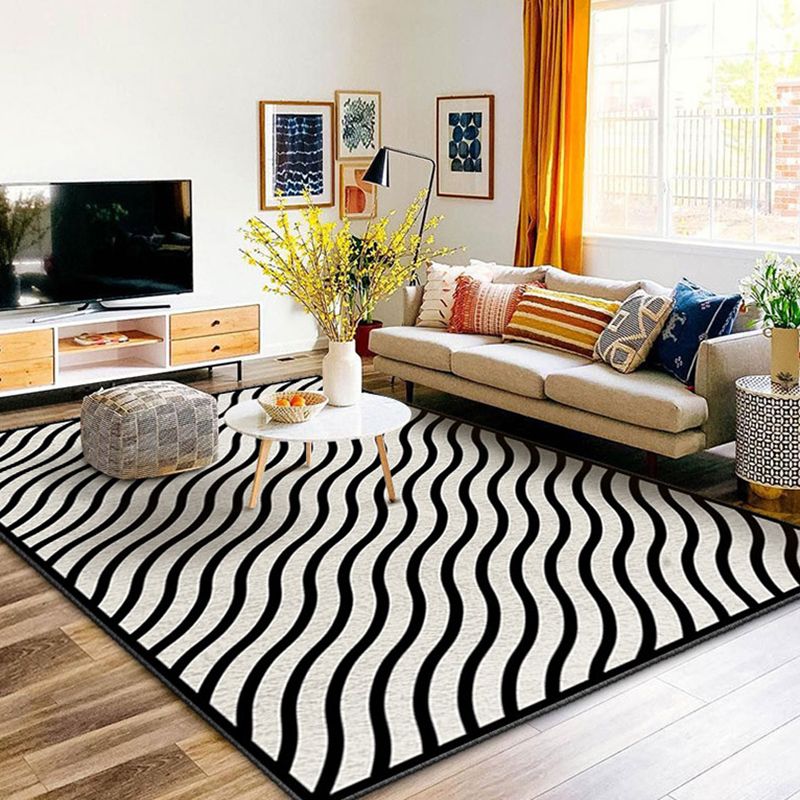 Black and White Lines Rug Living Room Carpet Polyester Washable Area Rug