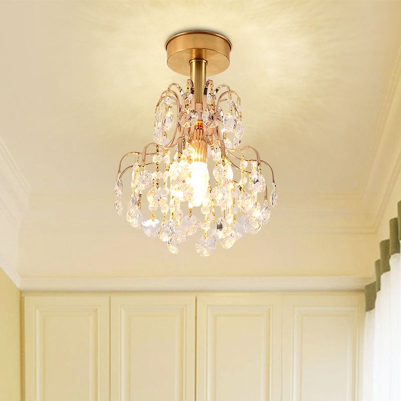 Modern 1 Light Semi Flush Light Brass Teardrop Close to Ceiling Lamp with Crystal Shade for Corridor