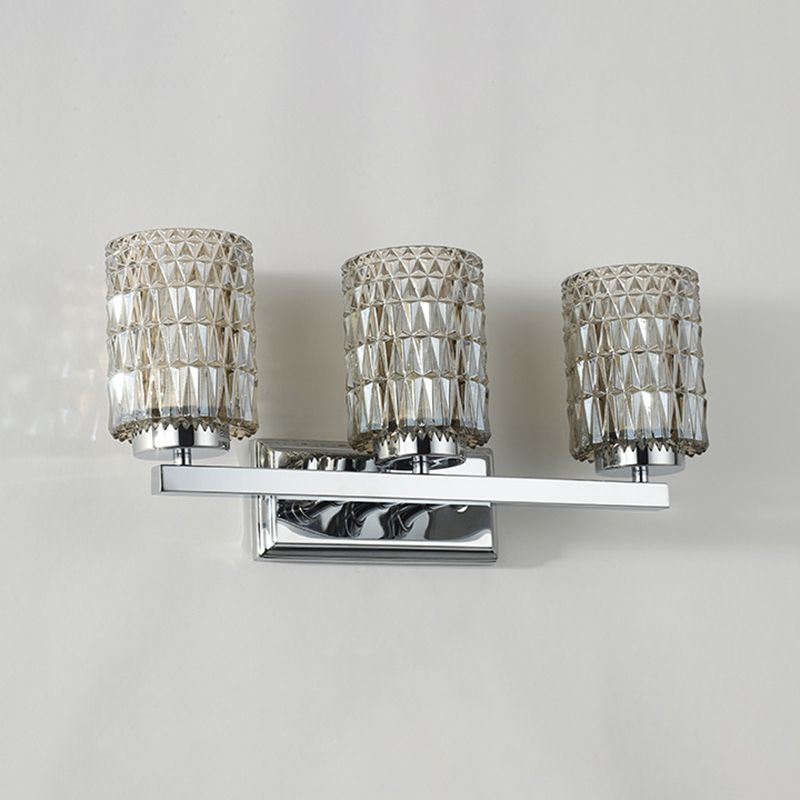 3-Light Cylindrical Vanity Lamp Traditional Chrome Lattice Glass Wall Sconce for Bathroom