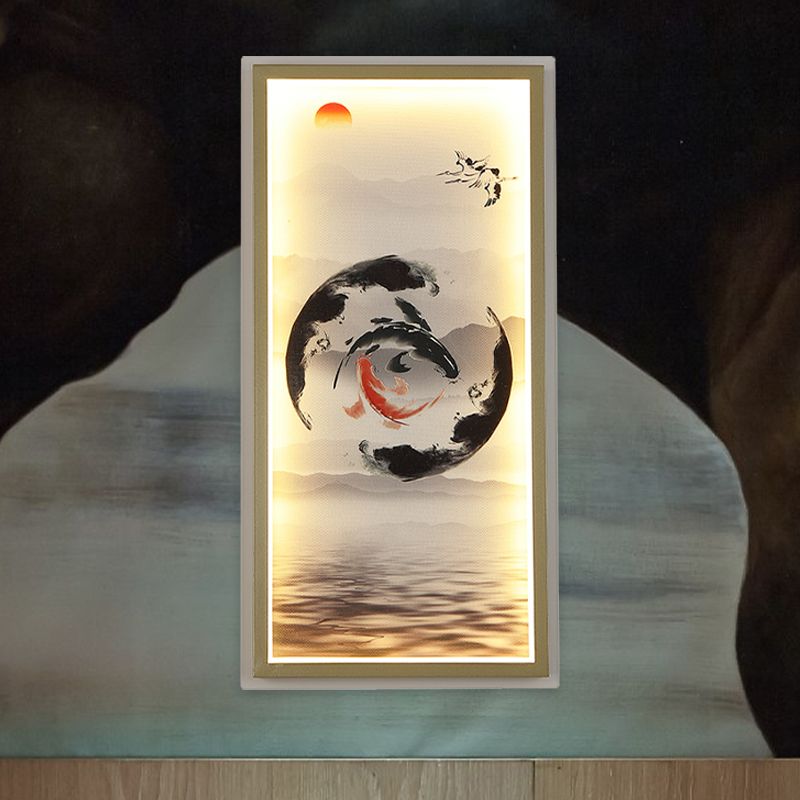 Chinese Carps Painting Fabric Mural Lamp LED Wall Sconce Light in Black and Red for Dining Room