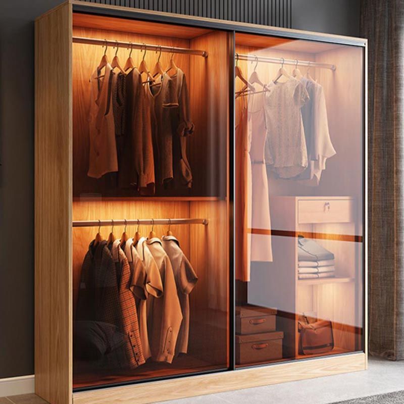 Brown Contemporary Wardrobe Cabinet Engineered Wood and Glass Wardrobe Closet