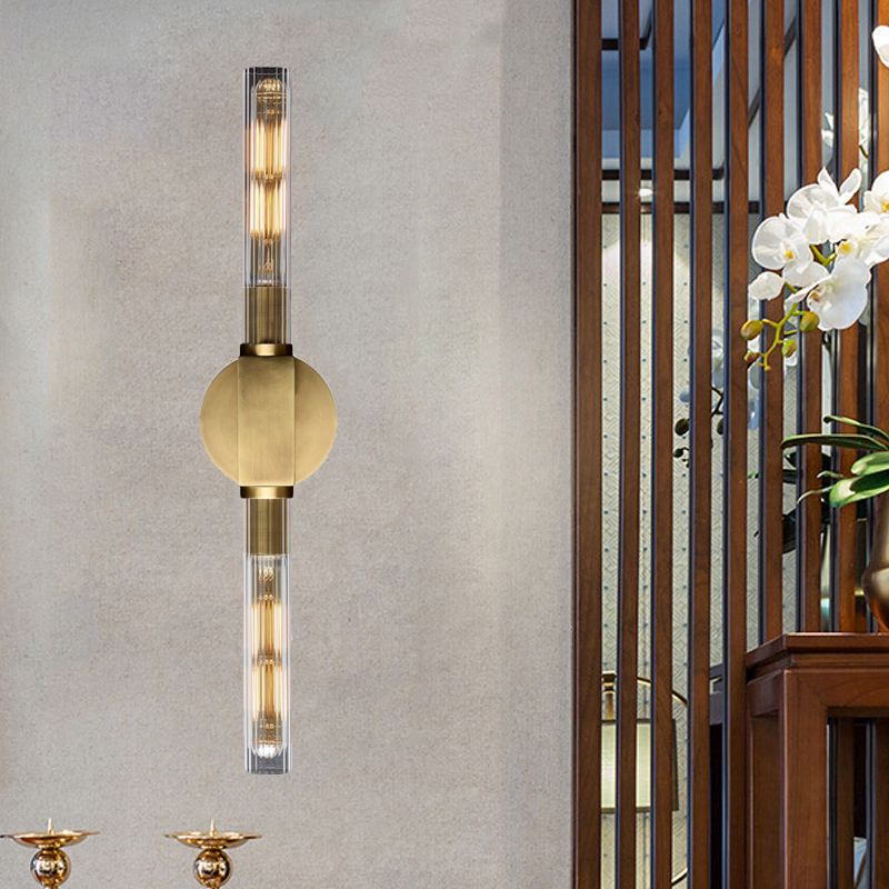 Lampada da parete tubolare a 2 teste di fonce nera/ottone metallici con tonalità in vetro trasparente