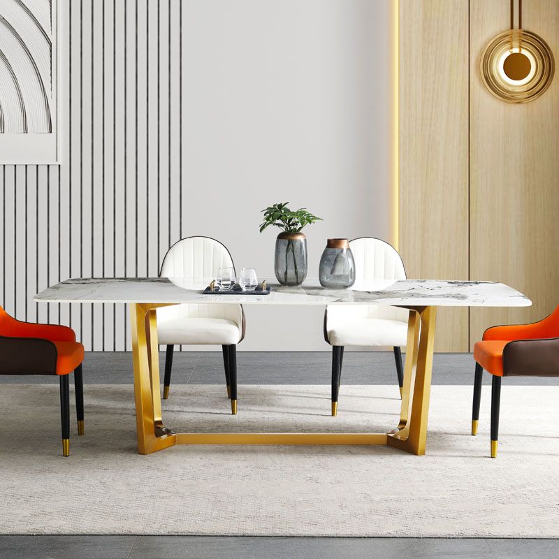 Rectangle Traditional Luxury Dining Table White Sintered Stone Table with Gold Trestle Base