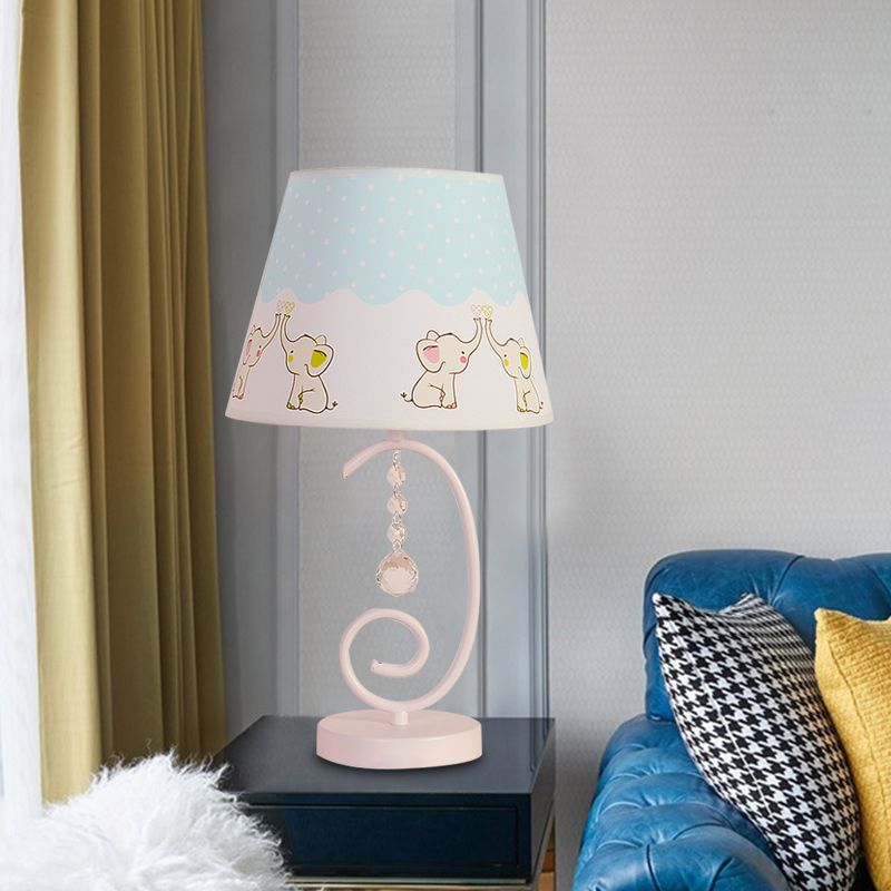 Barrel Bedroom Table Light Fabric 1 Bulb Cartoon Night Lamp in White with Crystal Drop and Sheep/Loving Heart/Elephant Pattern