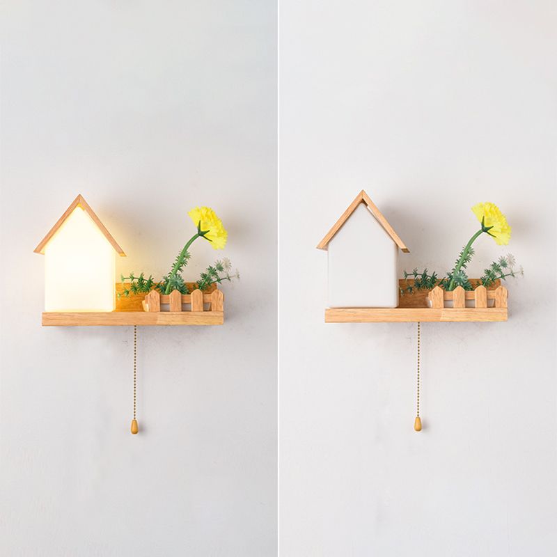 Modern Style House Shade Wall Light Wood 1 Light Sconces for Bedroom without Plant