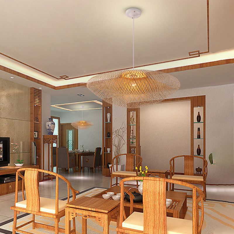 Handmade Suspension Lighting Traditional Bamboo 1 Bulb Wood Hanging Ceiling Light