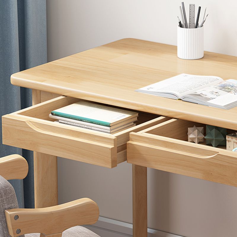 Writing Desk with 2 Drawers Solid Wood Kids Desks and Chair Set in Rubberwood
