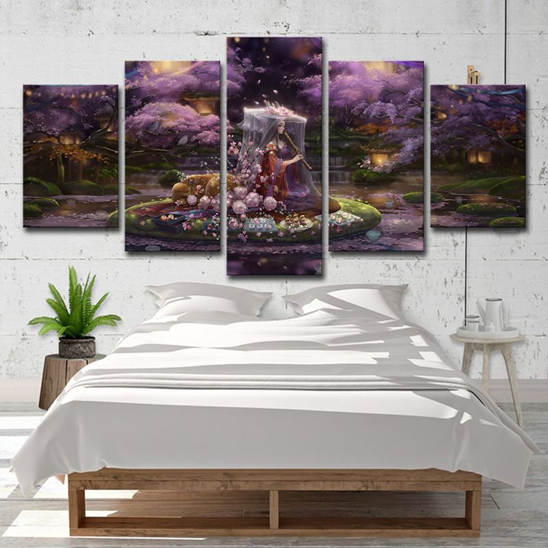 Canvas Purple Art Print Cartoon Fairy with Cherry Blossom Game Scene Wall Decor for Room
