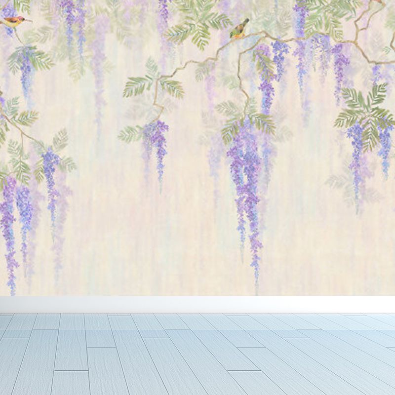 Full Size Illustration Modern Mural Decal with Flowers Trees and Birds in Soft Color