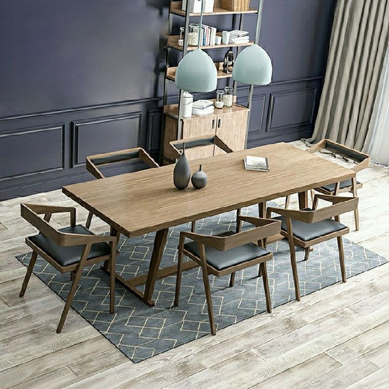 Solid Wood Contemporary Rectangular Dining Table Pine Wood Top Table with Trestle Base