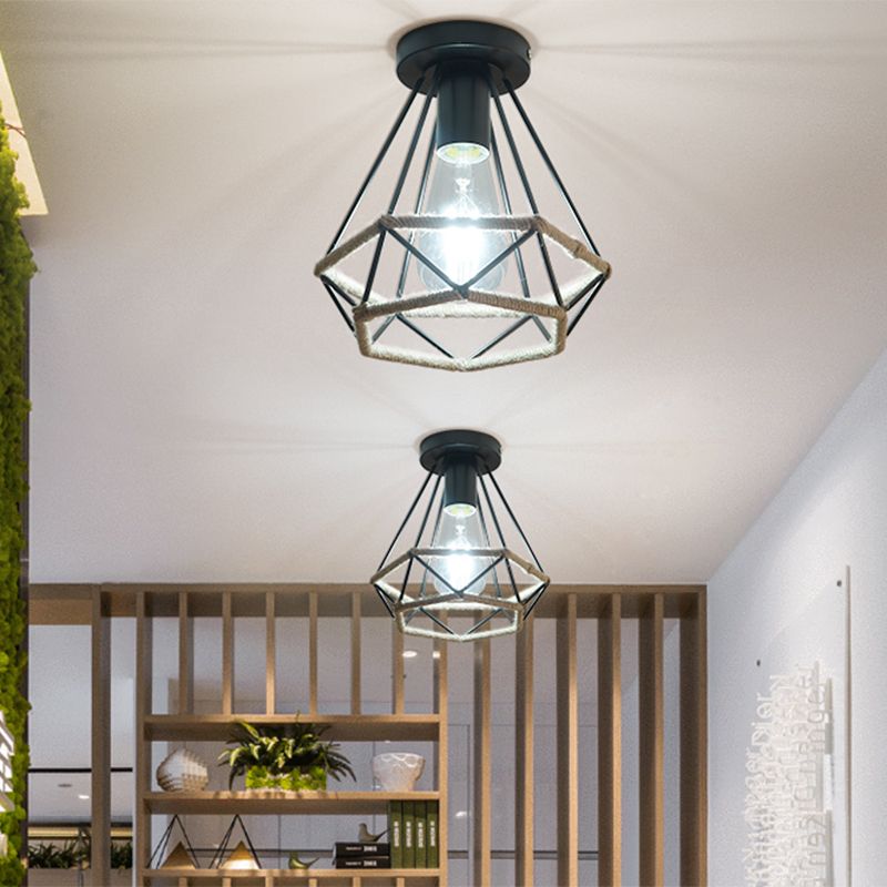 Zwart 1-lamp semi-inbouwlamp Lodge-stijl metaal en touw Globe/Diamant kooi-plafondarmatuur voor gang