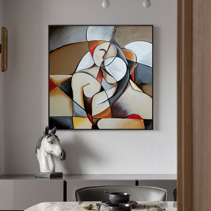 Textured Khaki Canvas Modern Art Half-Awake Lovers Painting Wall Decor for Bedroom